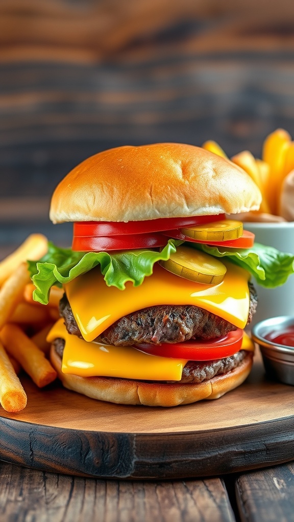 A delicious cheeseburger sandwich with beef patty, cheese, lettuce, and tomato on a wooden table with fries.